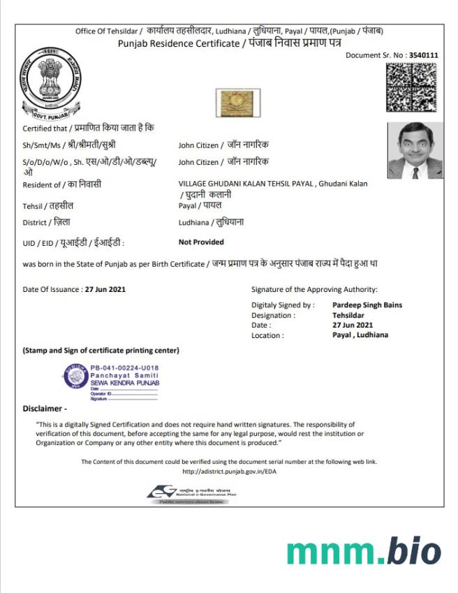 India Government of Punjab Residence Certificate szablon in Word i PDF formacie